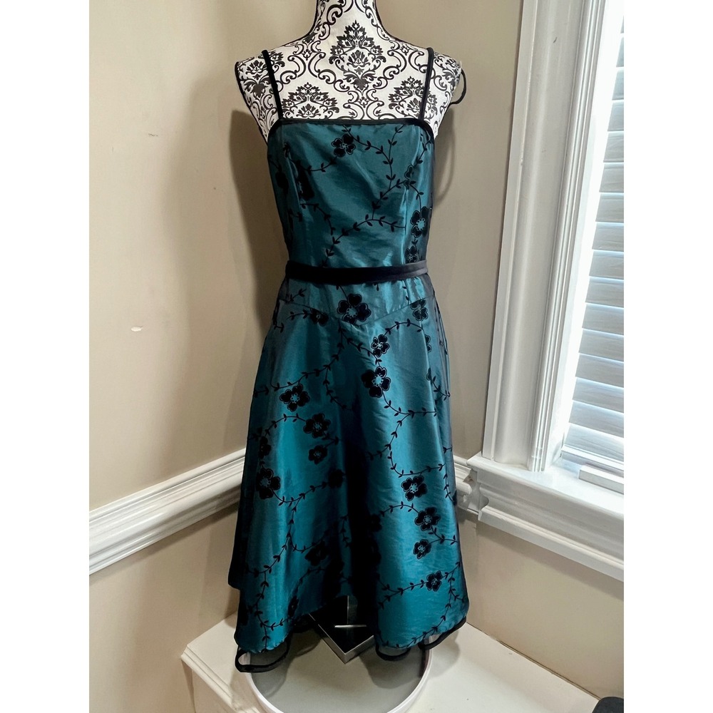 Dressbarn Collection Teal Blue Velvet Floral Flocked Midi A-Line Dress Size 6